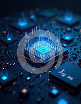 AI High-Tech Quantum Computer with Digital Holographic Data Processing. AI-driven computing marketing, cybersecurity branding