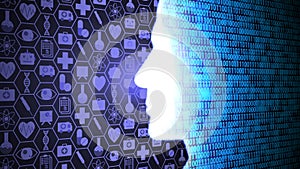 AI Computing and Thinking Medical Technology HUD including Binary Code with Head Shape Background Ver.2