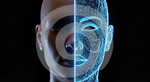 AI Human Face: Reality vs. Wireframe Duality