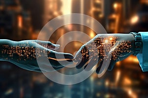 Ai and human touch connection on data network, technology, innovation, futuristic concept