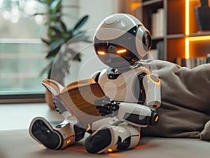 Ai humanized robot or droid reading book on the couch at home, machine learning, humanoid coexist