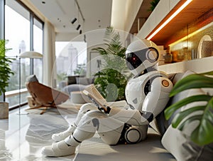 Ai humanized robot or droid reading book on the couch at home, machine learning, humanoid coexist