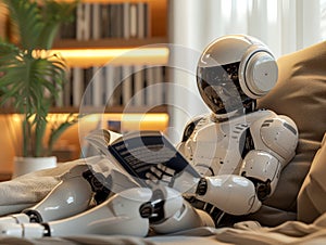 Ai humanized robot or droid reading book on the couch at home, machine learning, humanoid coexist