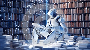 AI humannoid robot reading book in library. Artificial intelligence, Machine learning, Innovation, futuristic technology concept.