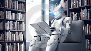 AI humannoid robot reading book in library. Artificial intelligence, Machine learning, Innovation, futuristic technology concept.