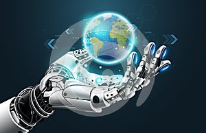 AI humanoid hand holding earth hologram with technology element, Future cybernetic artificial intelligence technology concept photo