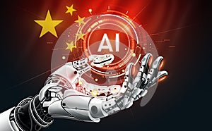 AI humanoid hand holding AI Logo hologram, Future Chinese artificial intelligence technology concept, vector illustration