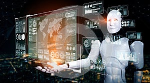 AI humanoid robot holding virtual hologram screen showing concept of big data