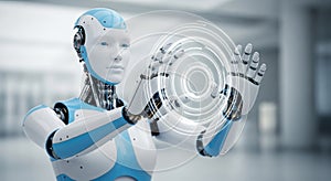 AI Humanoid Robot Interacting with Futuristic Virtual Interface