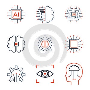 AI icon set line art style machine learning intelligent robot and cloud computing network artificial intelligence digital