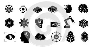 AI Icons â Artificial Intelligence Silhouette Set, Machine Learning, Neural Network, Robotics, Data Technology