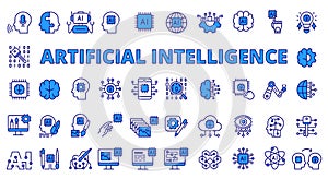 AI icons line design blue. Deep learning, artificial intelligence, intelligence, generative AI, artificial, drawing AI