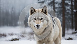 An AI illustration of An AI illustration of a white and grey wolf walking in the snow on a cold wint