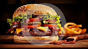 AI illustration of an American bacon cheeseburger with curly fries on a wooden table.