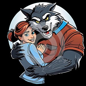 An AI illustration of an anime character hugging a young girl in front of an angry wolf