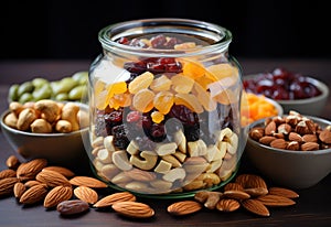 An AI illustration of assorted nuts in glass jar with different types of dried fruits