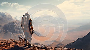 AI illustration of an astronaut wearing a space suit standing on a rocky, arid surface.