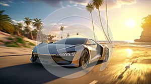 An AI illustration of an audi concept is shown driving on a beach in a sunset scene