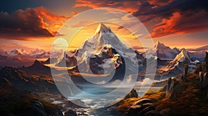 AI illustration of an awe-inspiring view of a majestic mountain peak at sunset. photo