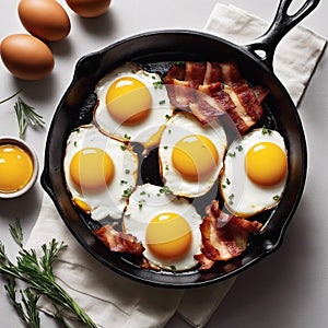 An AI illustration of bacon and eggs in a cast iron pan with some eggs