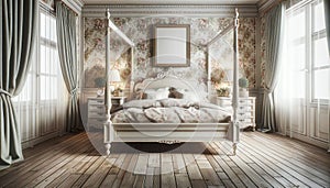 An AI illustration of bedroom with four poster bed, dressers and two windows