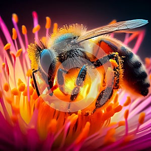 An AI illustration of a bee on a flower in the wild is the focus of this photo