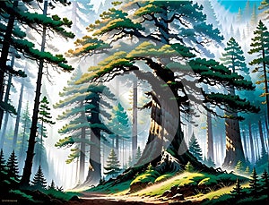 AI illustration of a big tree on a forest hill near a dirt road