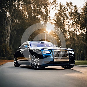 An AI illustration of a blue rolls royce car parked on the side of the road