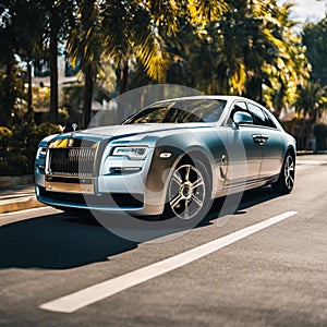 An AI illustration of a blue rolls royce rolls royce is driving down the road