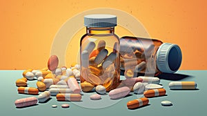 An AI illustration of a bottle with pills, tablets and an empty container on the table