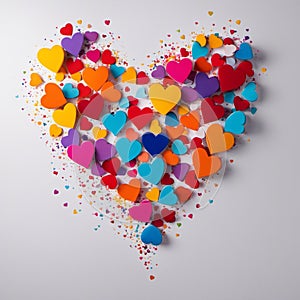 An AI illustration of bright heart made out of small paper hearts with scattered confetti