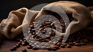 AI illustration of a burlap sack full of freshly roasted coffee beans.