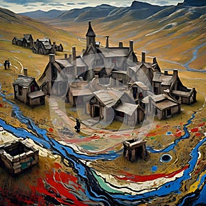 AI illustration of a castle in a mountainous landscape, encircled by mud