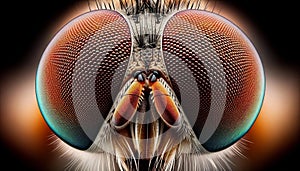 An AI illustration of close up of a fly insect's eyes with a black background