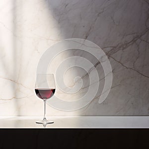 An AI illustration of a close up of a wine glass on a table with marble walls
