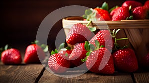 AI illustration of a closeup of a bowl filled with ripe, juicy strawberries on a wooden table.