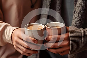 AI illustration of a closeup of two people holding cups of coffee.