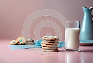AI illustration of a collection of cookies and a glass of milk against a pink background.