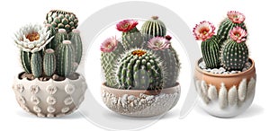 AI illustration. Collection of indoor plants, cactus in bloom on white background. Genus succulent