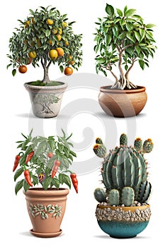 AI illustration. Collection of indoor plants, citrus, ficus and other in ceramic pots, on white background