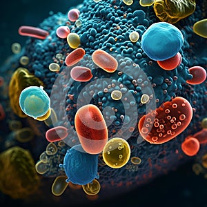 AI illustration of a colored egg cell containing a variety of different bacteria.