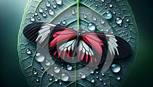 An AI illustration of a colorful butterfly resting on top of a green leaf with water droplets on it