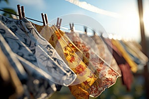 AI illustration of colorful garments gently swaying on a rustic washing line.