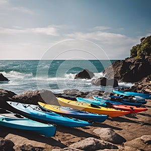 An AI illustration of colorful kayaks lined up on a rocky shore line by the ocean