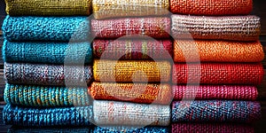 AI illustration of a colorful stack of knit towels arranged in a rainbow formation.