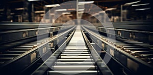 AI illustration of a conveyor belt system running through a large, empty industrial room.