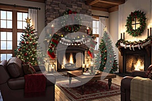 AI illustration of a cozy living room with two fireplaces at Christmas