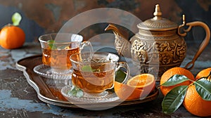 AI illustration of cups of tea served with oranges, rustic metal teapot, and saucer