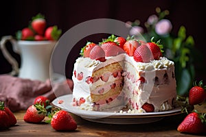 AI illustration of a delectable slice of cake adorned with fresh strawberries.