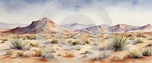 AI illustration of a desert landscape with mountains and vegetation on plain in painting